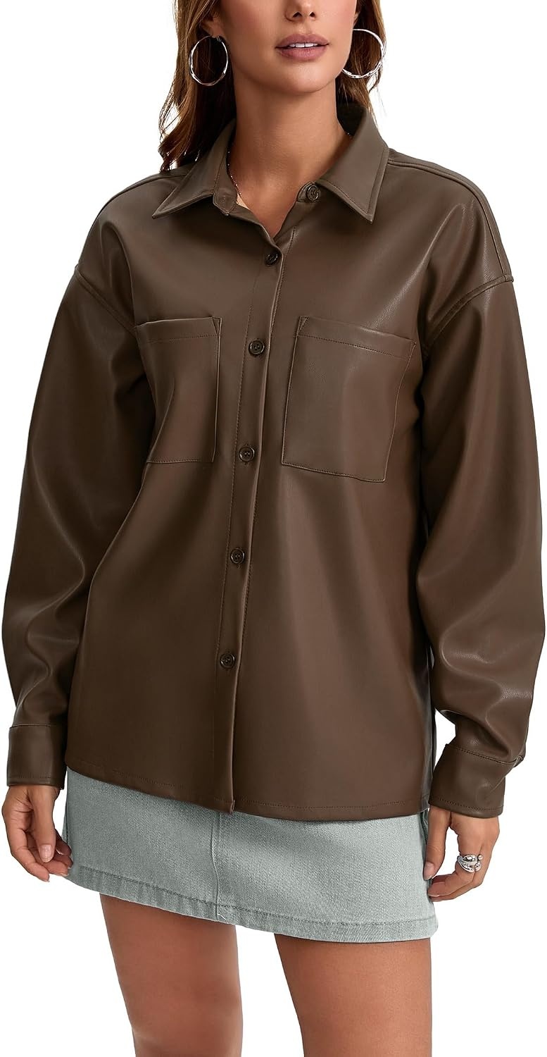 image:imageWomens Faux Leather Button Up Shirt Jacket Pleather Blouse Shacket Tops Pu Faux Leather Button DownCoffee