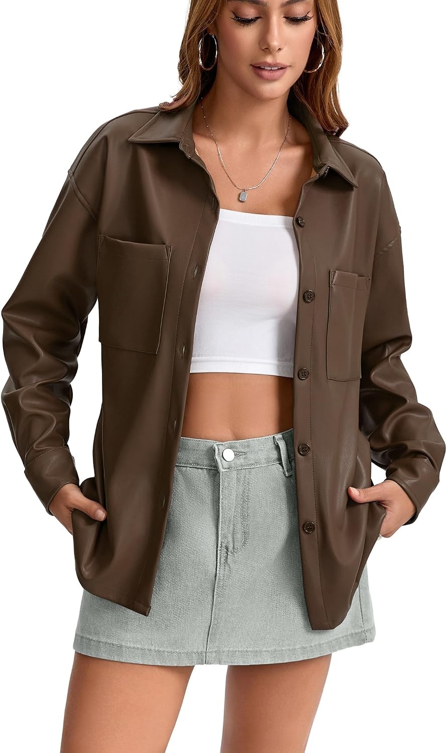 image:imageWomens Faux Leather Button Up Shirt Jacket Pleather Blouse Shacket Tops Pu Faux Leather Button DownCoffee