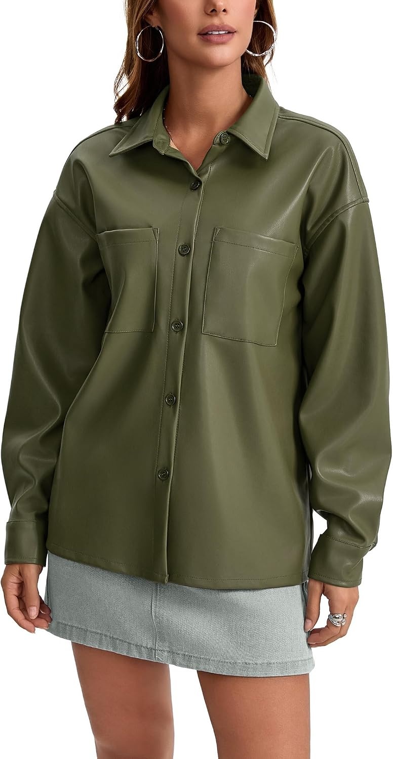 image:imageWomens Faux Leather Button Up Shirt Jacket Pleather Blouse Shacket Tops Pu Faux Leather Button DownGreen