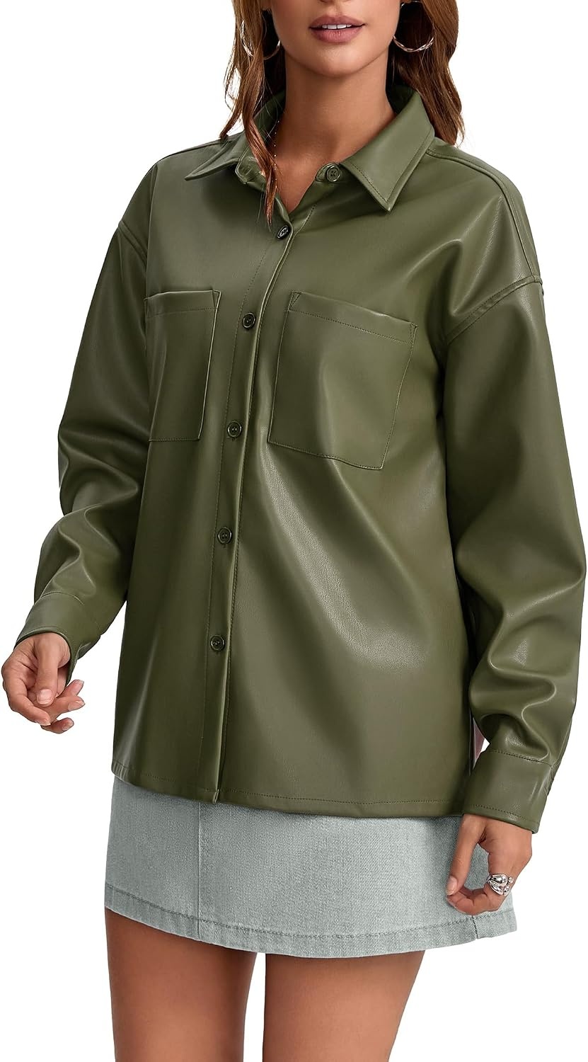 image:imageWomens Faux Leather Button Up Shirt Jacket Pleather Blouse Shacket Tops Pu Faux Leather Button DownGreen