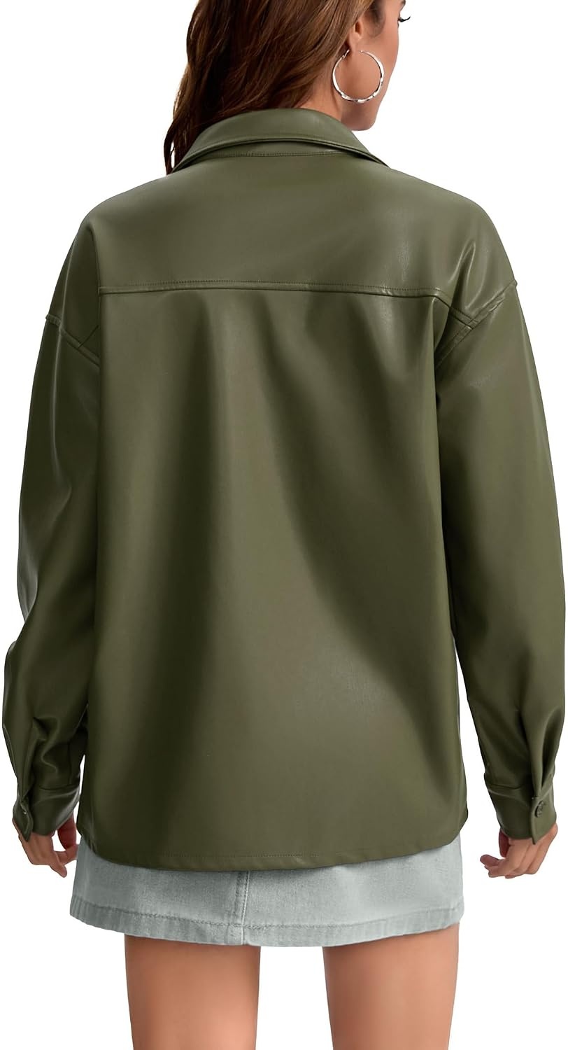 image:imageWomens Faux Leather Button Up Shirt Jacket Pleather Blouse Shacket Tops Pu Faux Leather Button DownGreen