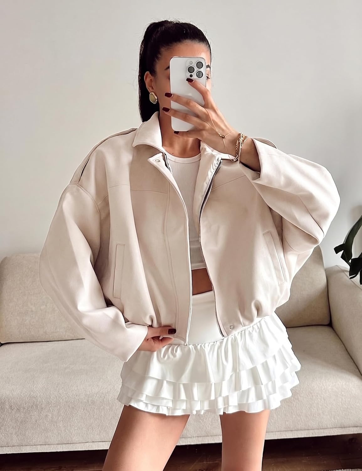 image:imageWomens Faux Suede Bomber Jacket Oversized Pilot Coats Fall Lapel Zip Up Motorcycle Streetwear OuterwearPocket Beige