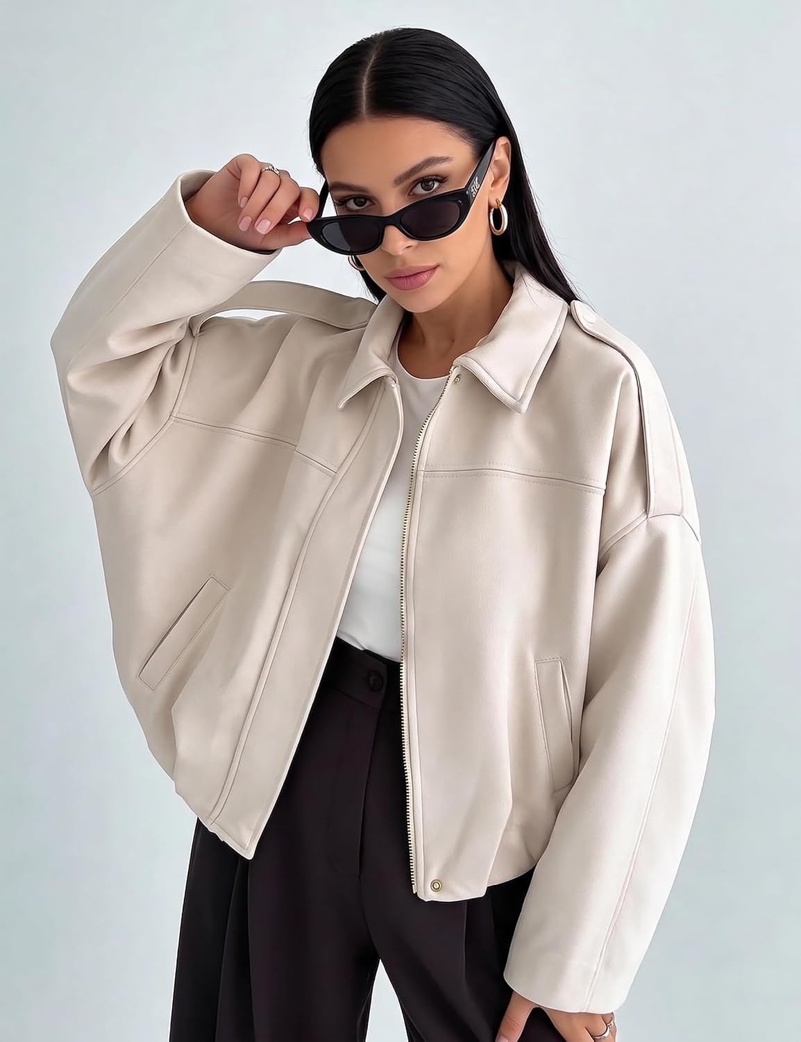 image:imageWomens Faux Suede Bomber Jacket Oversized Pilot Coats Fall Lapel Zip Up Motorcycle Streetwear OuterwearPocket Beige