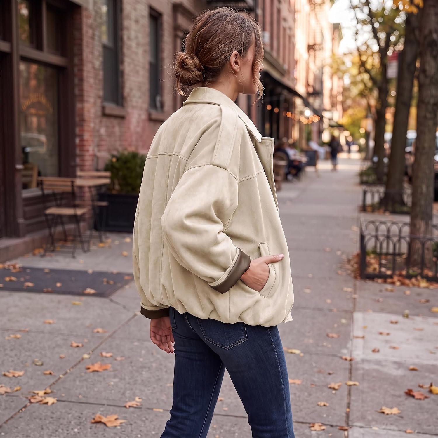 image:imageWomens Faux Suede Bomber Jacket Oversized Pilot Coats Fall Lapel Zip Up Motorcycle Streetwear OuterwearPocket Beige