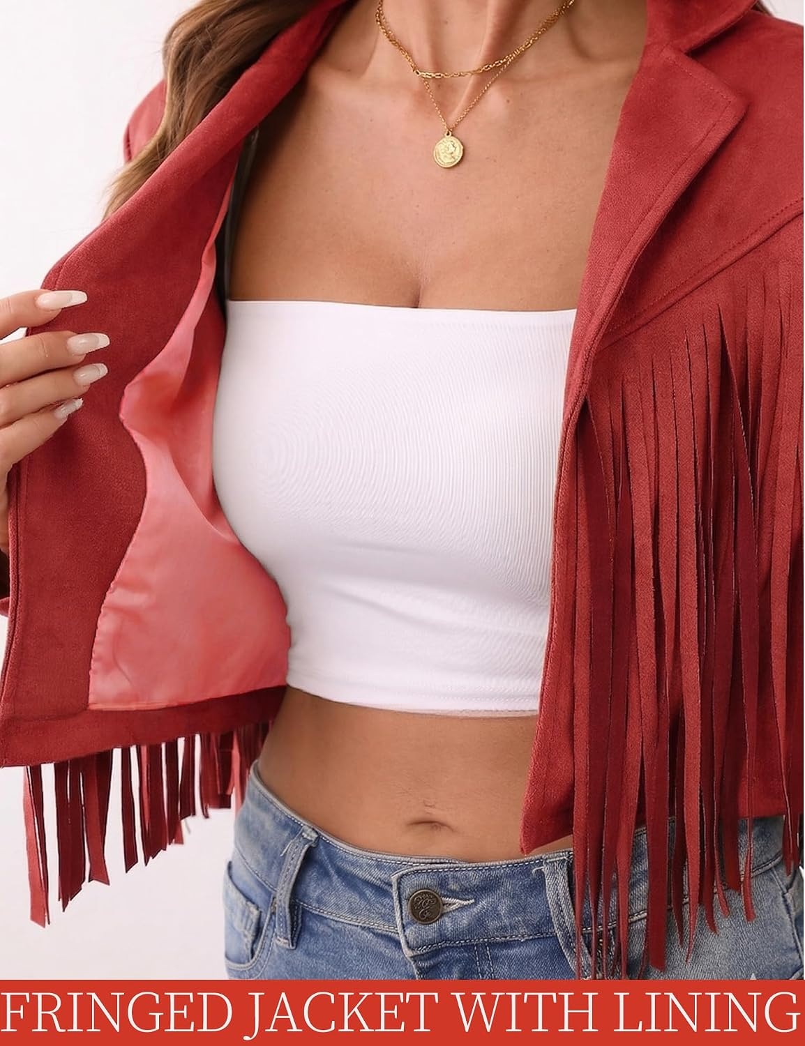 image:imageWomens Faux Suede Leather Tassel Jackets With Lining Cropped Fringe Coats 80s Outfit For Women Lined Interior for Comfortable Layering Nashville Outfits Rodeo amp Country Concert Looks Cowboy Party WearRed