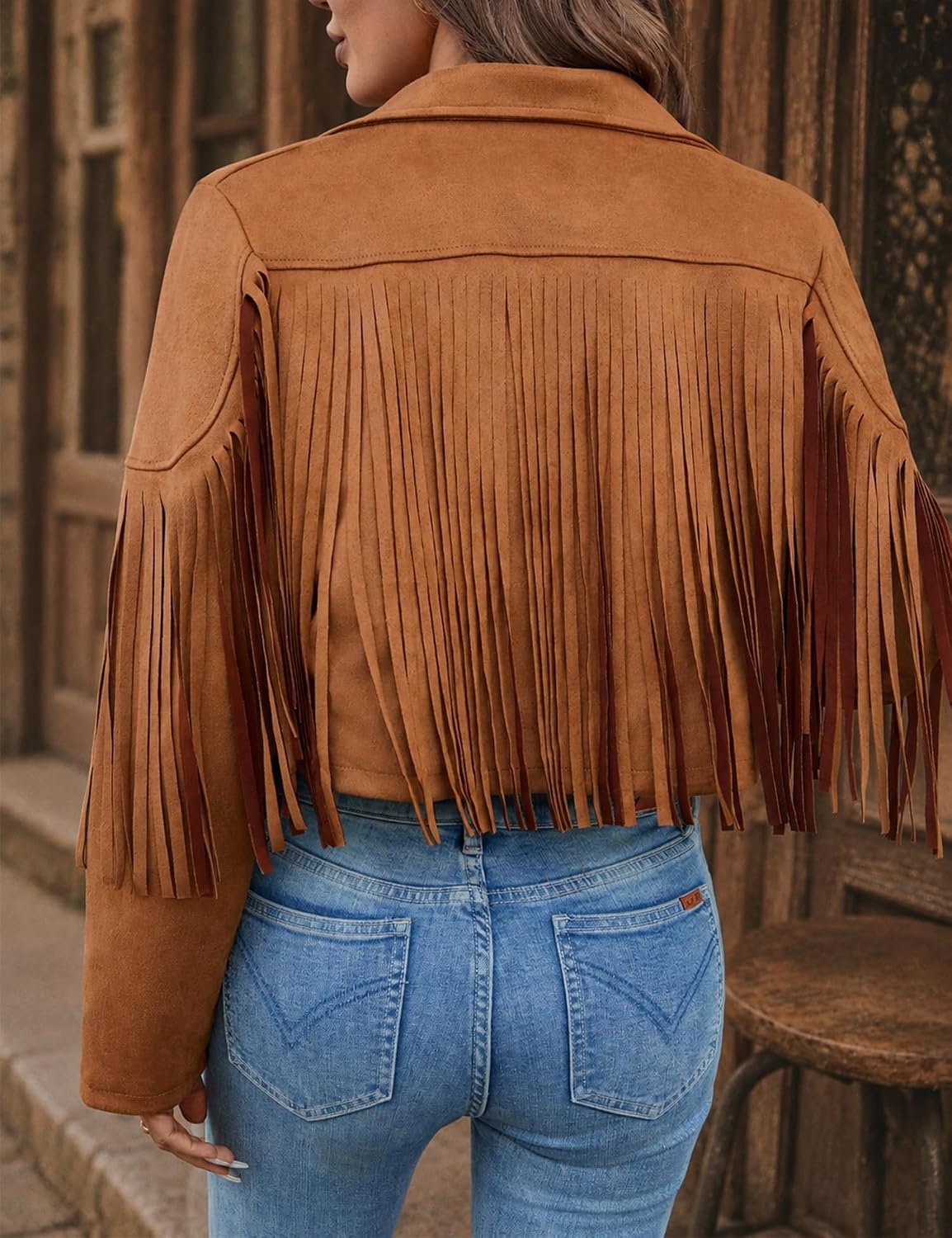 image:imageWomens Faux Suede Leather Tassel Jackets With Lining Cropped Fringe Coats 80s Outfit For Women Lined Interior for Comfortable Layering Nashville Outfits Rodeo amp Country Concert Looks Cowboy Party WearTan