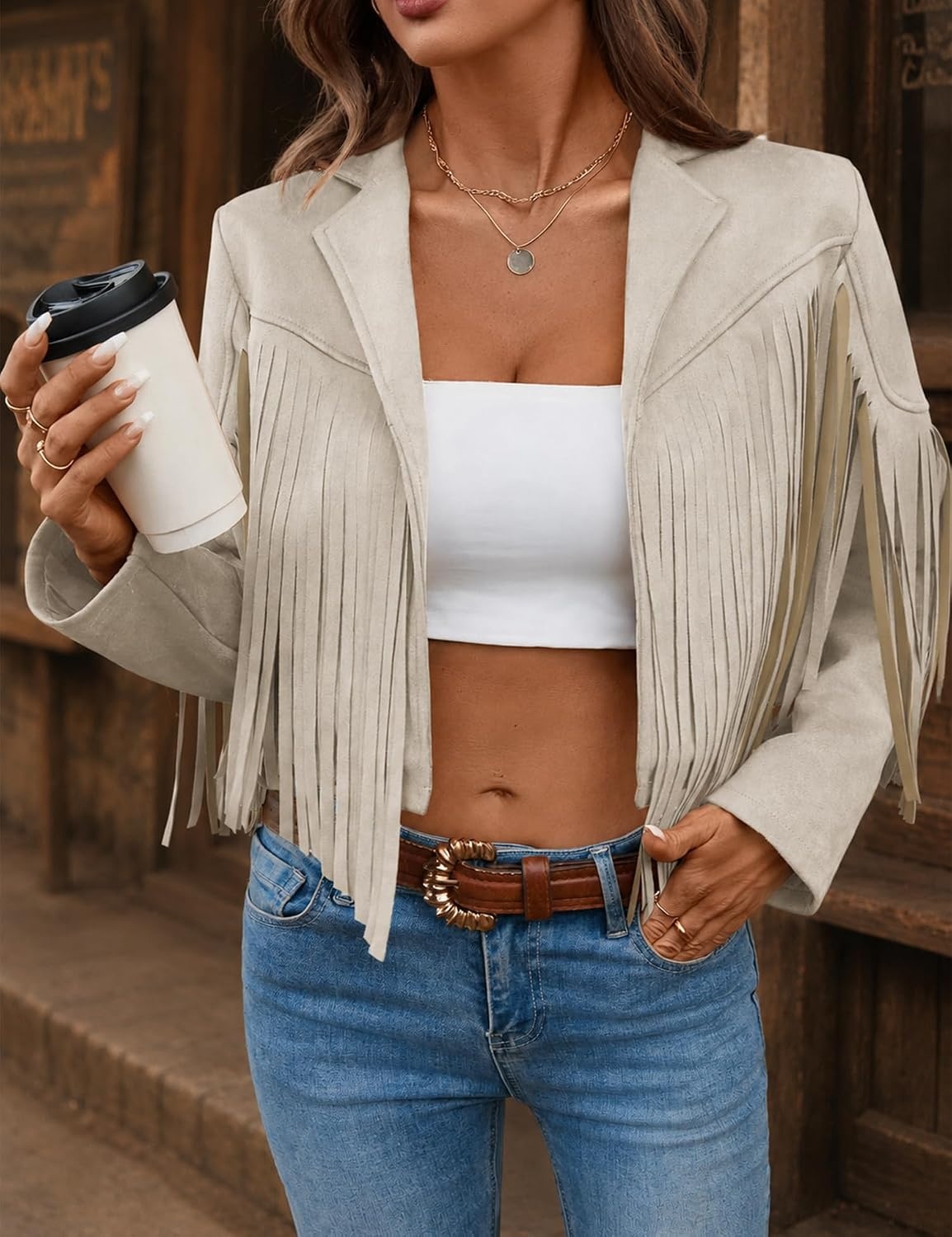 image:imageWomens Faux Suede Leather Tassel Jackets With Lining Cropped Fringe Coats 80s Outfit For Women Lined Interior for Comfortable Layering Nashville Outfits Rodeo amp Country Concert Looks Cowboy Party WearBeige