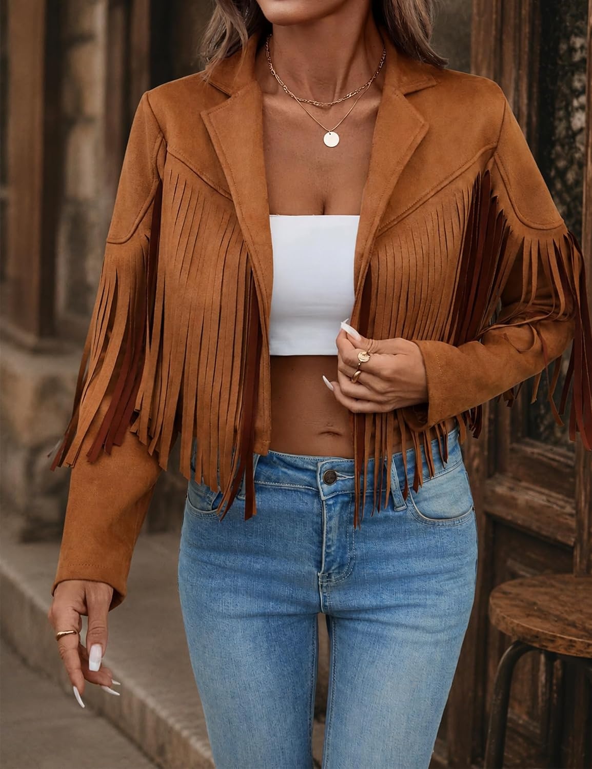 image:imageWomens Faux Suede Leather Tassel Jackets With Lining Cropped Fringe Coats 80s Outfit For Women Lined Interior for Comfortable Layering Nashville Outfits Rodeo amp Country Concert Looks Cowboy Party WearTan
