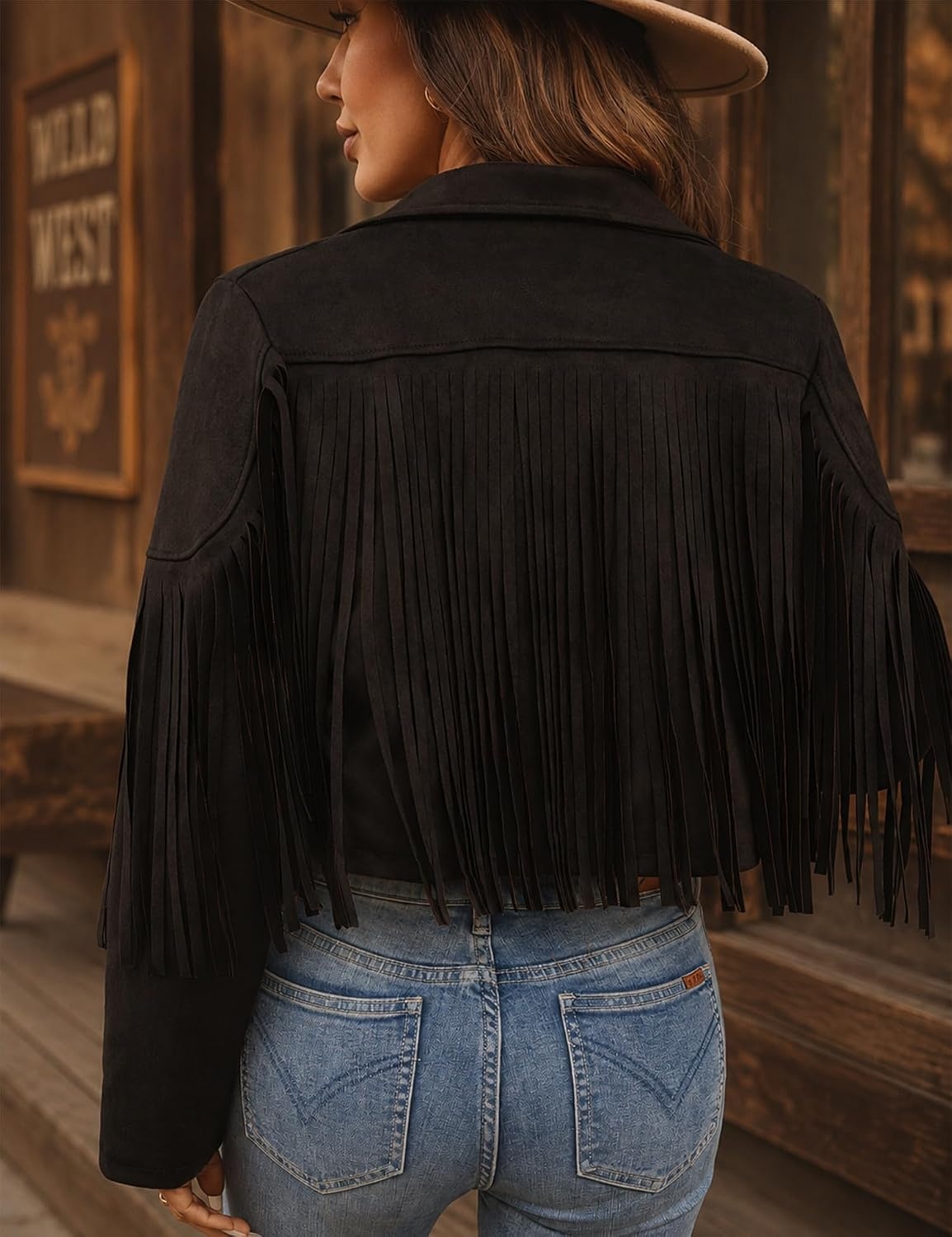image:imageWomens Faux Suede Leather Tassel Jackets With Lining Cropped Fringe Coats 80s Outfit For Women Lined Interior for Comfortable Layering Nashville Outfits Rodeo amp Country Concert Looks Cowboy Party WearBlack