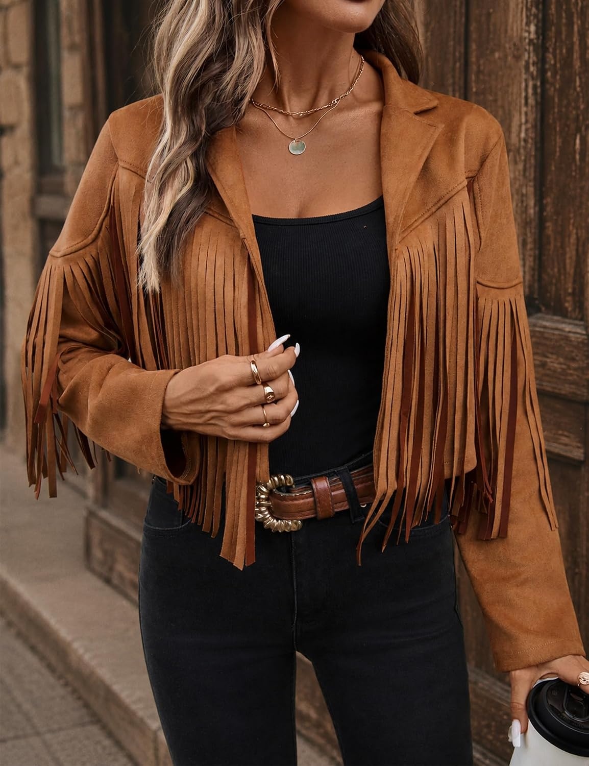 image:imageWomens Faux Suede Leather Tassel Jackets With Lining Cropped Fringe Coats 80s Outfit For Women Lined Interior for Comfortable Layering Nashville Outfits Rodeo amp Country Concert Looks Cowboy Party WearTan
