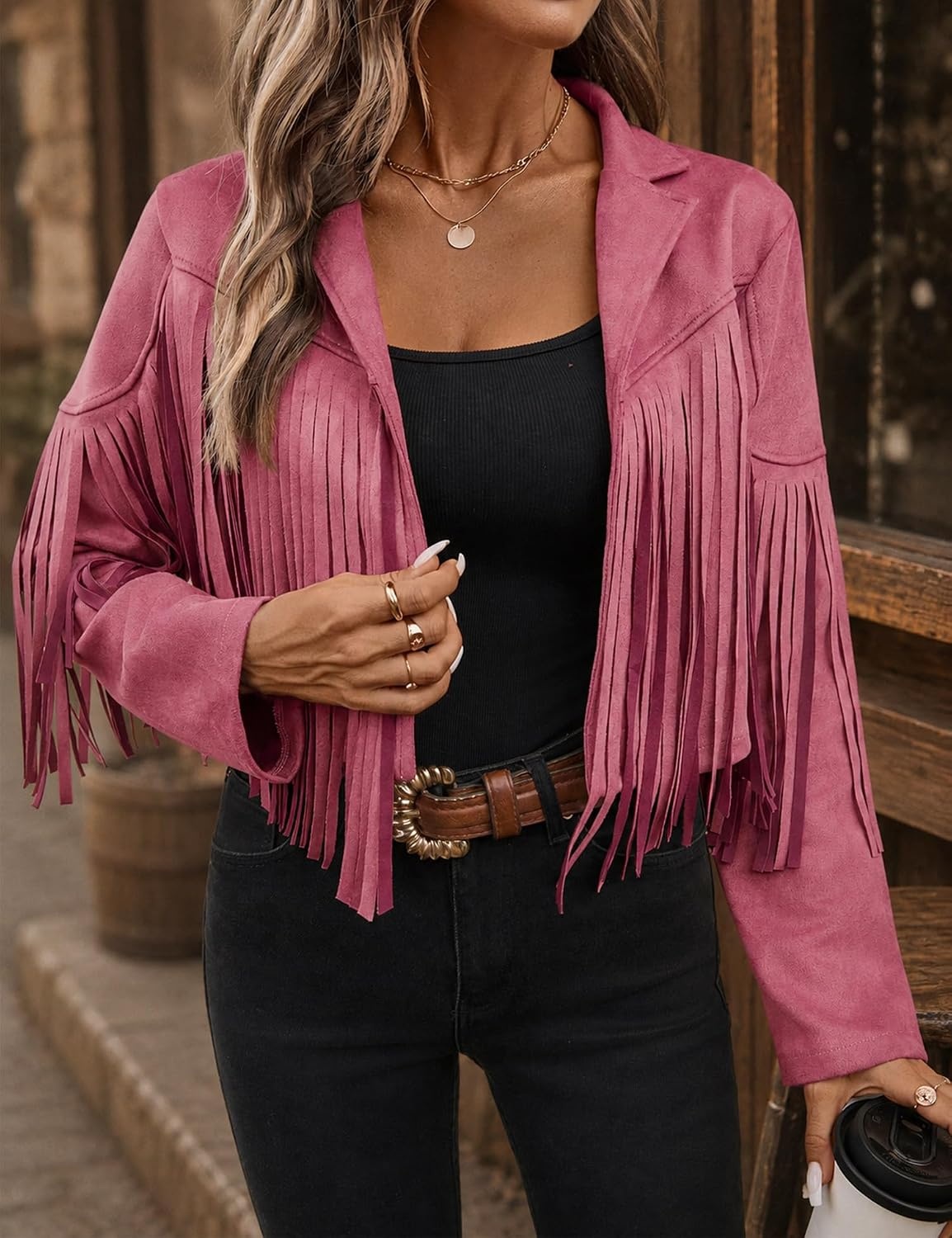 image:imageWomens Faux Suede Leather Tassel Jackets With Lining Cropped Fringe Coats 80s Outfit For Women Lined Interior for Comfortable Layering Nashville Outfits Rodeo amp Country Concert Looks Cowboy Party WearPink