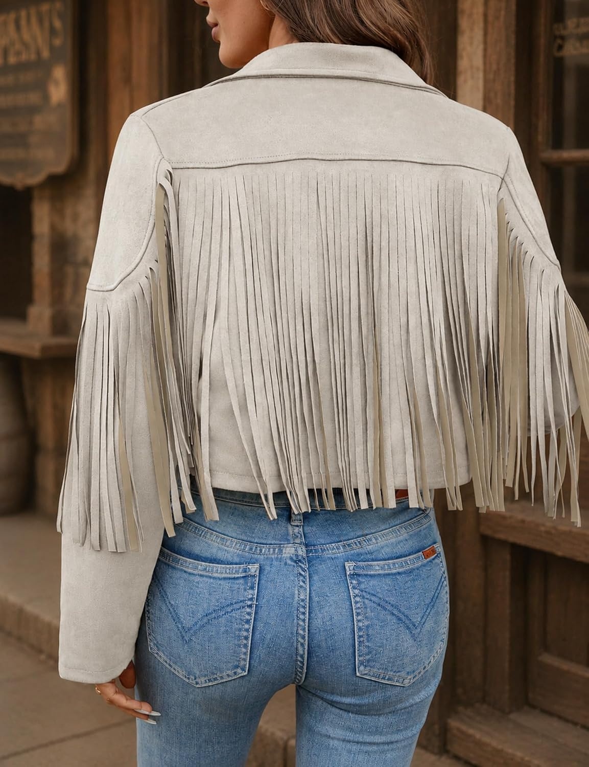image:imageWomens Faux Suede Leather Tassel Jackets With Lining Cropped Fringe Coats 80s Outfit For Women Lined Interior for Comfortable Layering Nashville Outfits Rodeo amp Country Concert Looks Cowboy Party WearBeige
