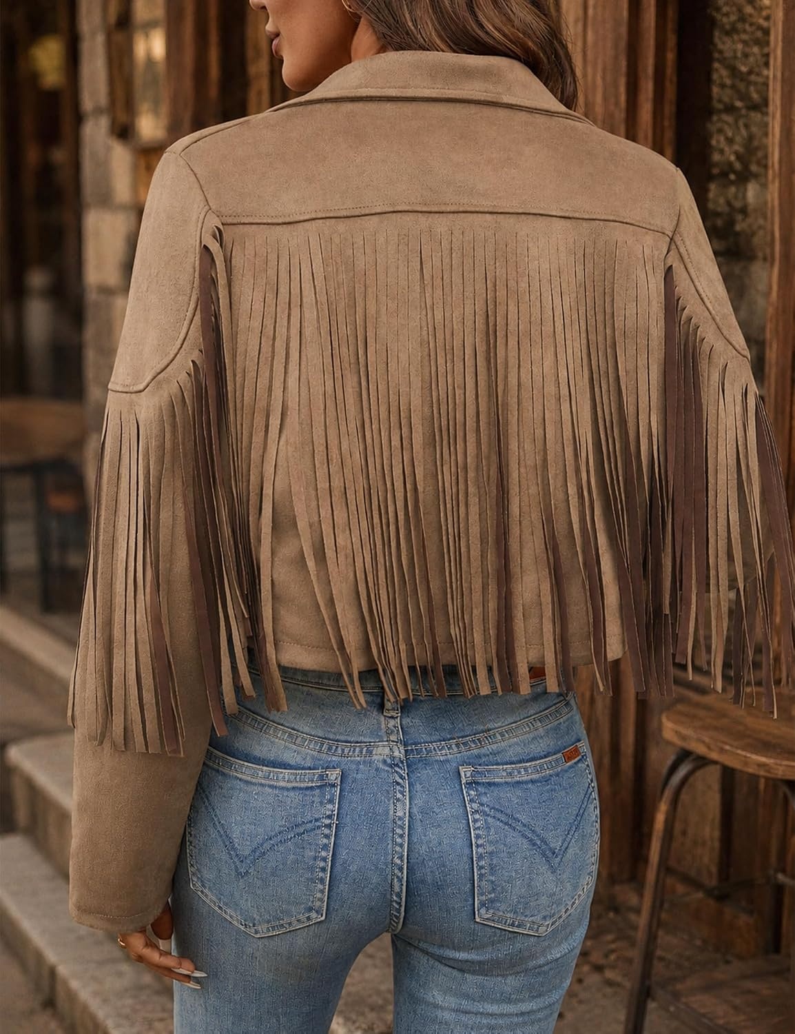image:imageWomens Faux Suede Leather Tassel Jackets With Lining Cropped Fringe Coats 80s Outfit For Women Lined Interior for Comfortable Layering Nashville Outfits Rodeo amp Country Concert Looks Cowboy Party WearApricot
