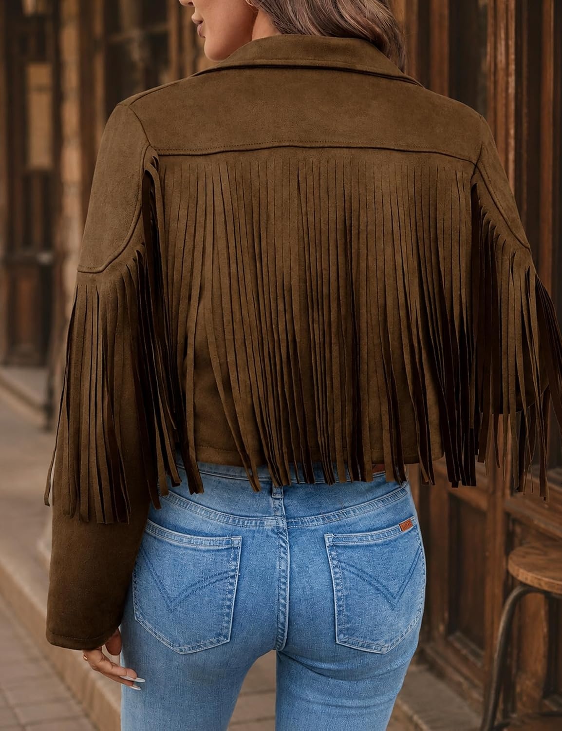 image:imageWomens Faux Suede Leather Tassel Jackets With Lining Cropped Fringe Coats 80s Outfit For Women Lined Interior for Comfortable Layering Nashville Outfits Rodeo amp Country Concert Looks Cowboy Party WearDark Brown