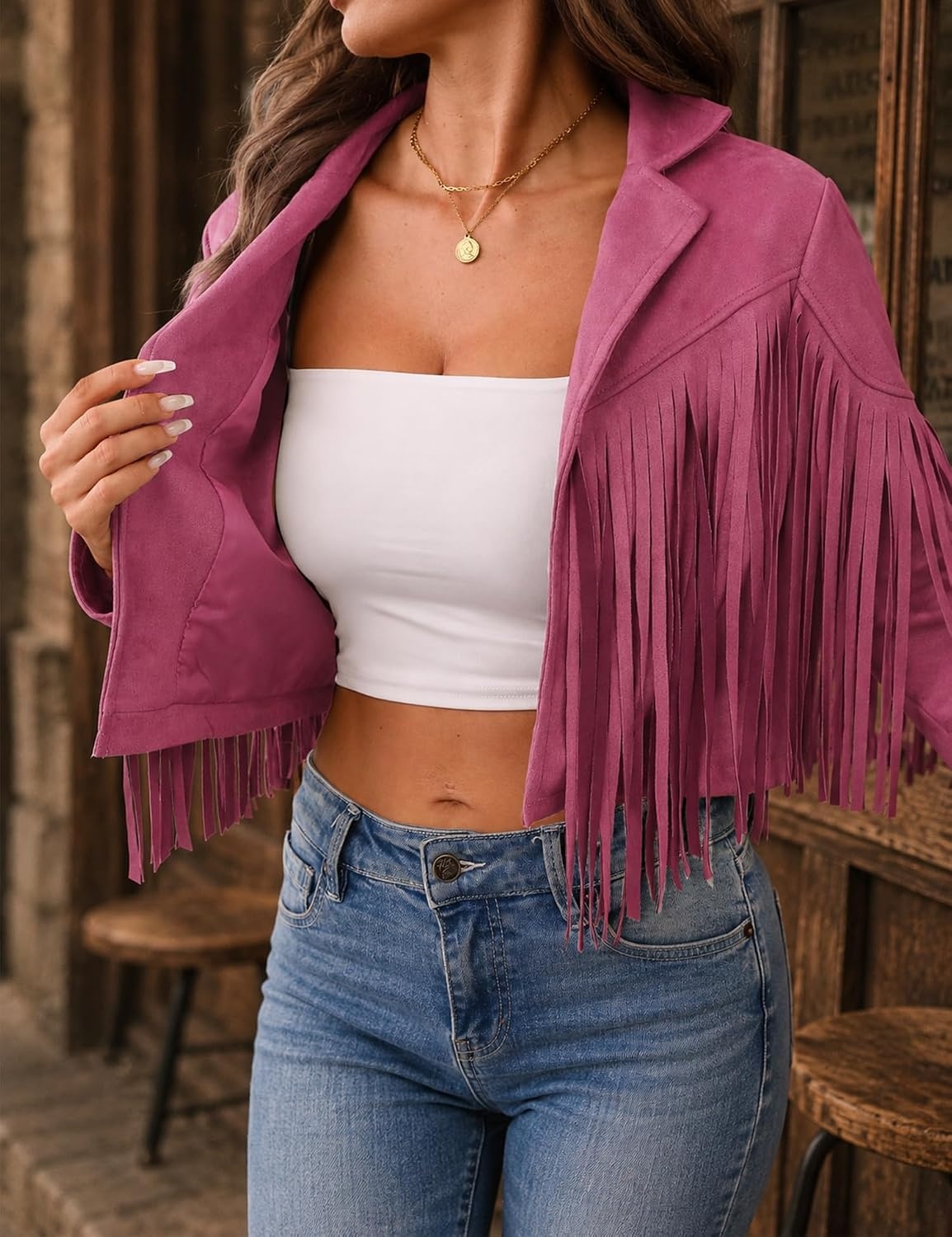 image:imageWomens Faux Suede Leather Tassel Jackets With Lining Cropped Fringe Coats 80s Outfit For Women Lined Interior for Comfortable Layering Nashville Outfits Rodeo amp Country Concert Looks Cowboy Party WearPink