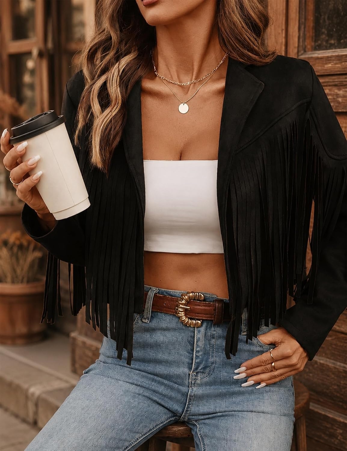 image:imageWomens Faux Suede Leather Tassel Jackets With Lining Cropped Fringe Coats 80s Outfit For Women Lined Interior for Comfortable Layering Nashville Outfits Rodeo amp Country Concert Looks Cowboy Party WearBlack