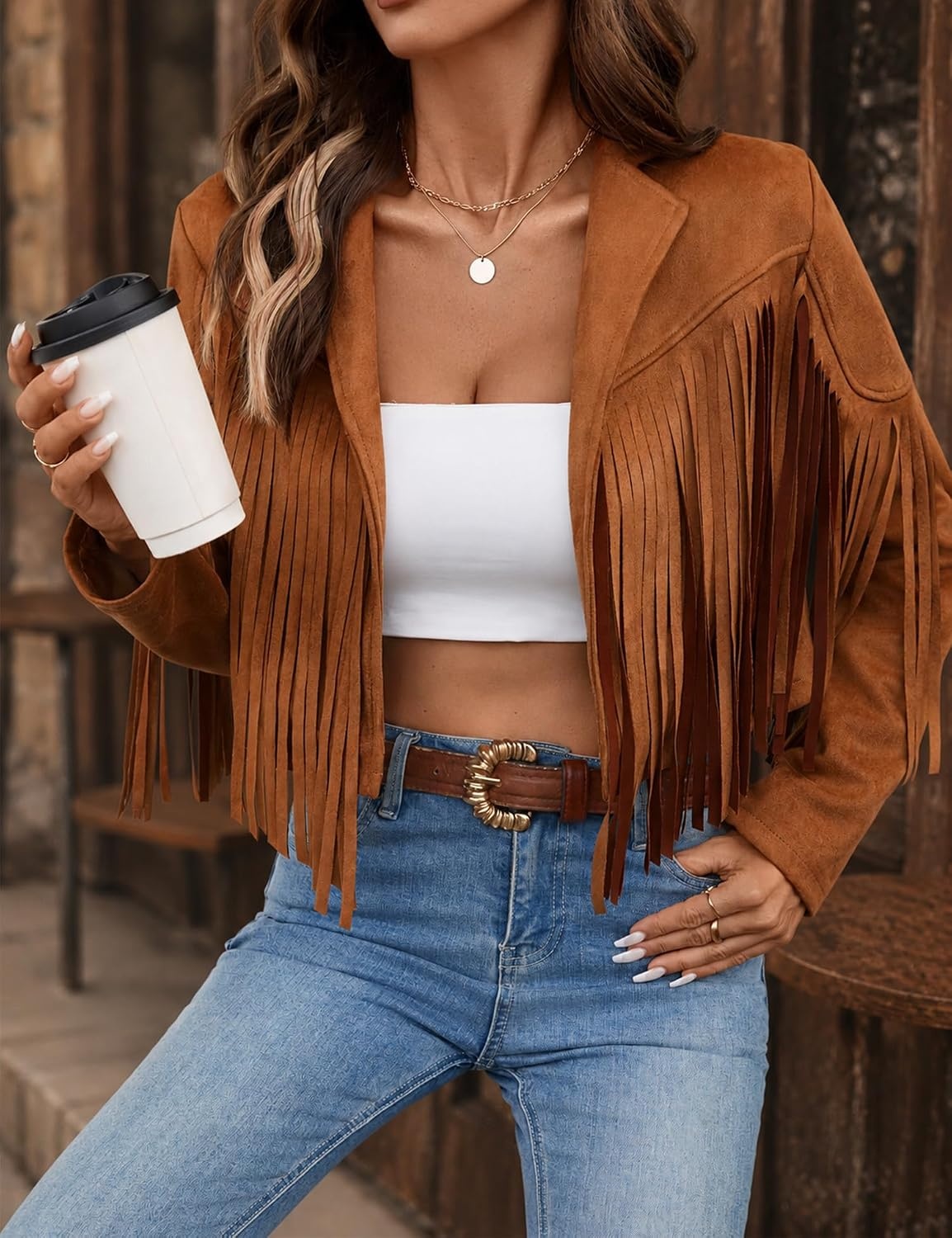 image:imageWomens Faux Suede Leather Tassel Jackets With Lining Cropped Fringe Coats 80s Outfit For Women Lined Interior for Comfortable Layering Nashville Outfits Rodeo amp Country Concert Looks Cowboy Party WearTan