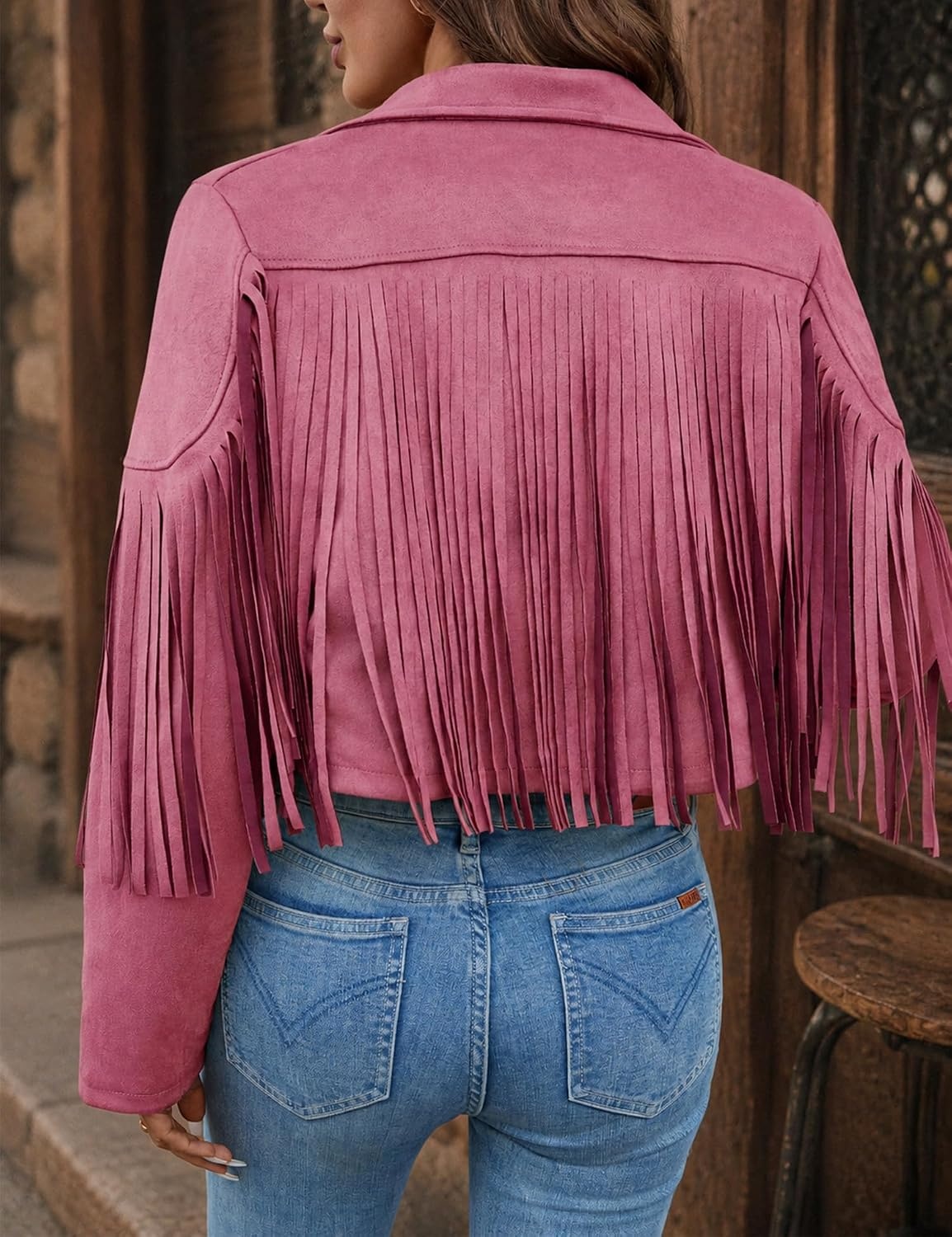 image:imageWomens Faux Suede Leather Tassel Jackets With Lining Cropped Fringe Coats 80s Outfit For Women Lined Interior for Comfortable Layering Nashville Outfits Rodeo amp Country Concert Looks Cowboy Party WearPink