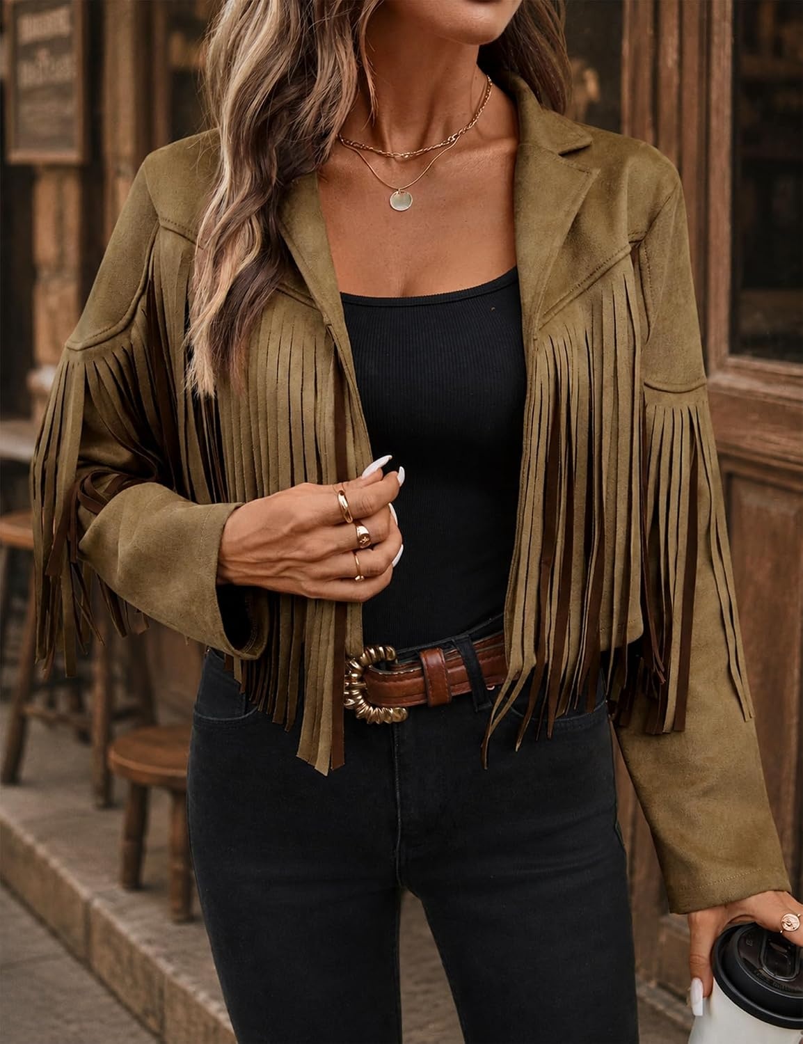 image:imageWomens Faux Suede Leather Tassel Jackets With Lining Cropped Fringe Coats 80s Outfit For Women Lined Interior for Comfortable Layering Nashville Outfits Rodeo amp Country Concert Looks Cowboy Party WearDark Khaki