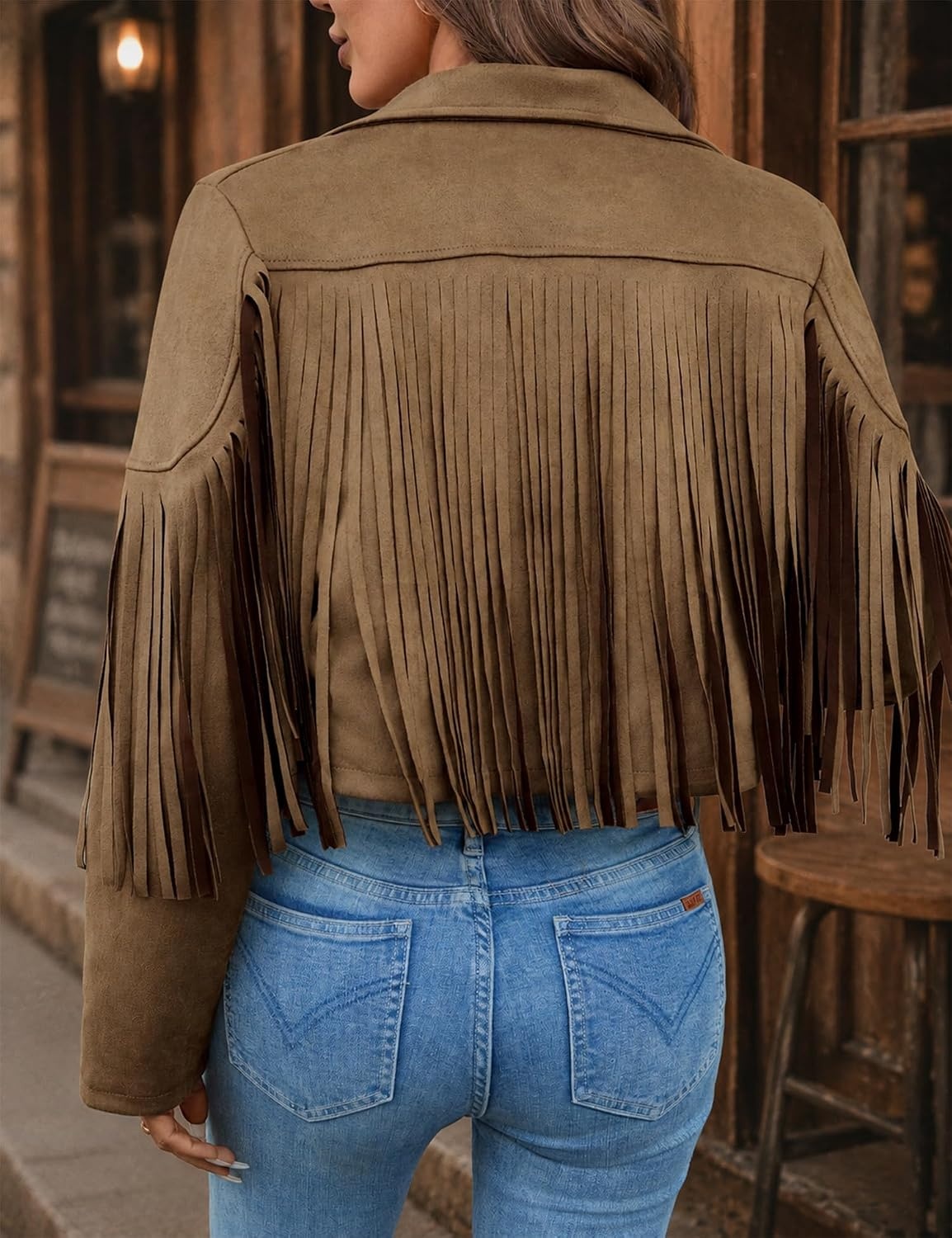 image:imageWomens Faux Suede Leather Tassel Jackets With Lining Cropped Fringe Coats 80s Outfit For Women Lined Interior for Comfortable Layering Nashville Outfits Rodeo amp Country Concert Looks Cowboy Party WearDark Khaki