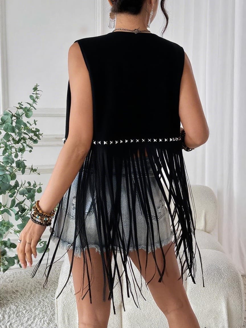 image:imageWomens Fringe Vest 60s 70s Hippie Vest Sleeveless Cowgirl Western Faux Suede Tassel Leather Jacket Hippie Party04 Black