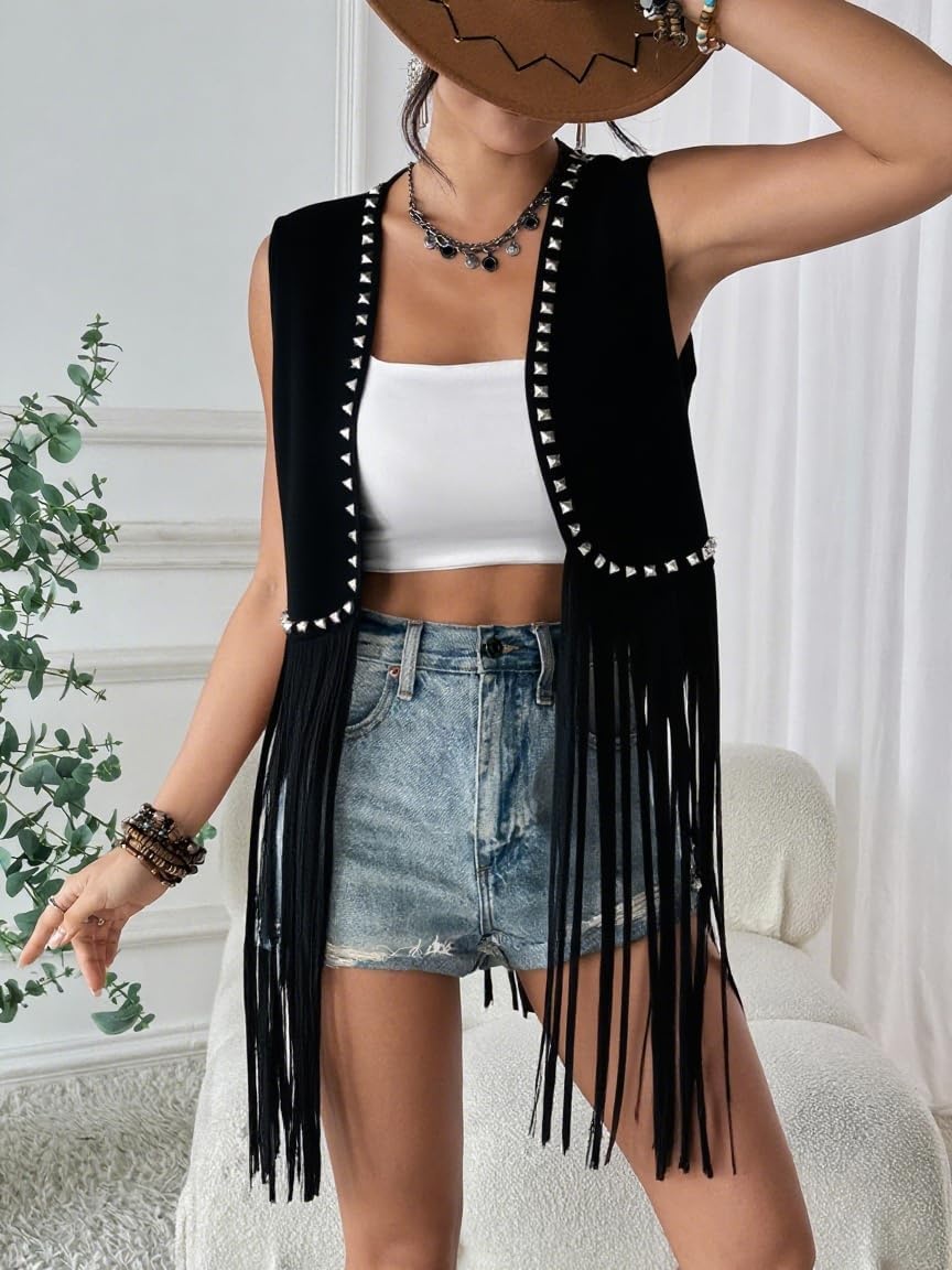 image:imageWomens Fringe Vest 60s 70s Hippie Vest Sleeveless Cowgirl Western Faux Suede Tassel Leather Jacket Hippie Party04 Black