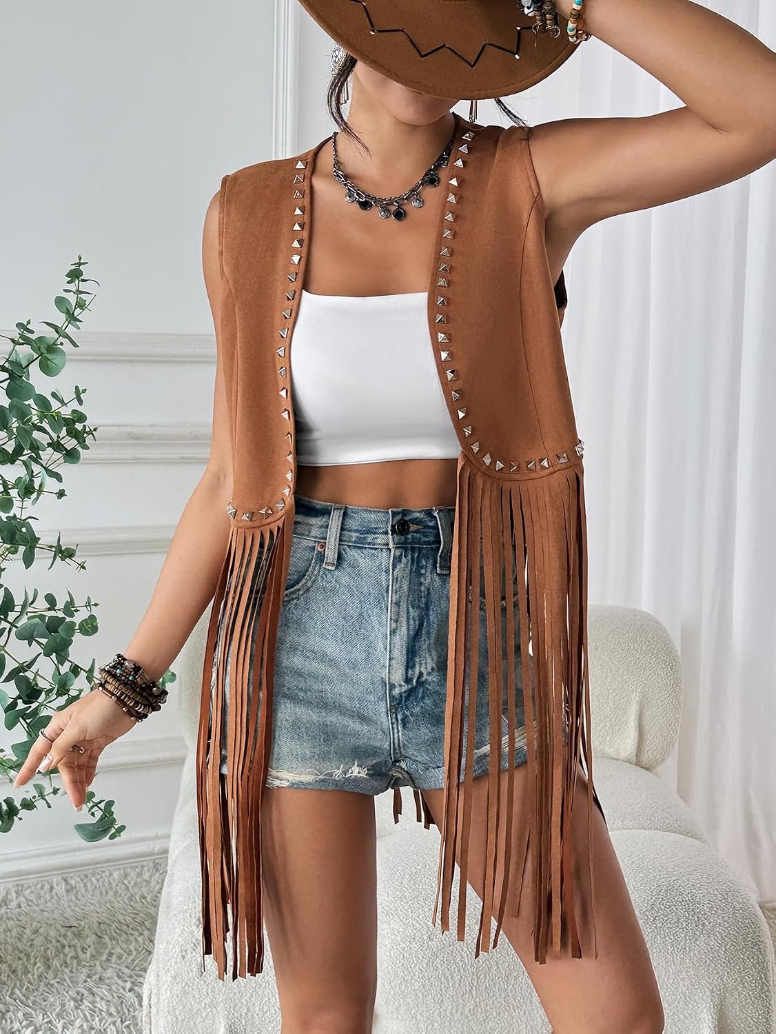 image:imageWomens Fringe Vest 60s 70s Hippie Vest Sleeveless Cowgirl Western Faux Suede Tassel Leather Jacket Hippie Party04 Brown