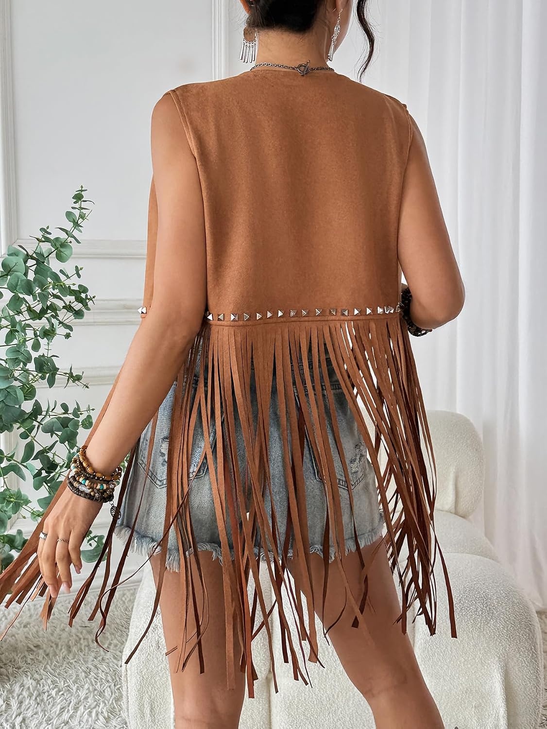 image:imageWomens Fringe Vest 60s 70s Hippie Vest Sleeveless Cowgirl Western Faux Suede Tassel Leather Jacket Hippie Party04 Brown