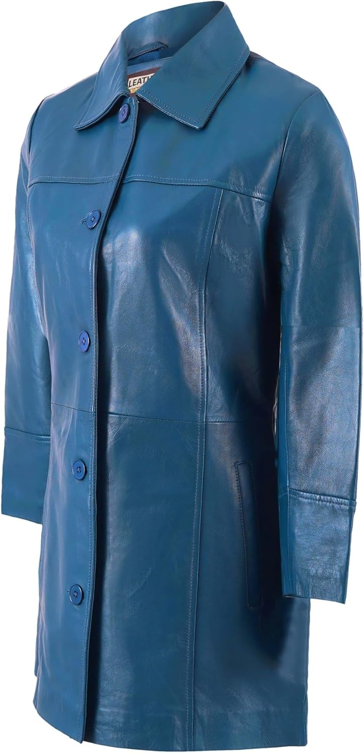image:imageWomens Lambskin Leather Car Coat Classic 34 Length Style OvercoatBlue