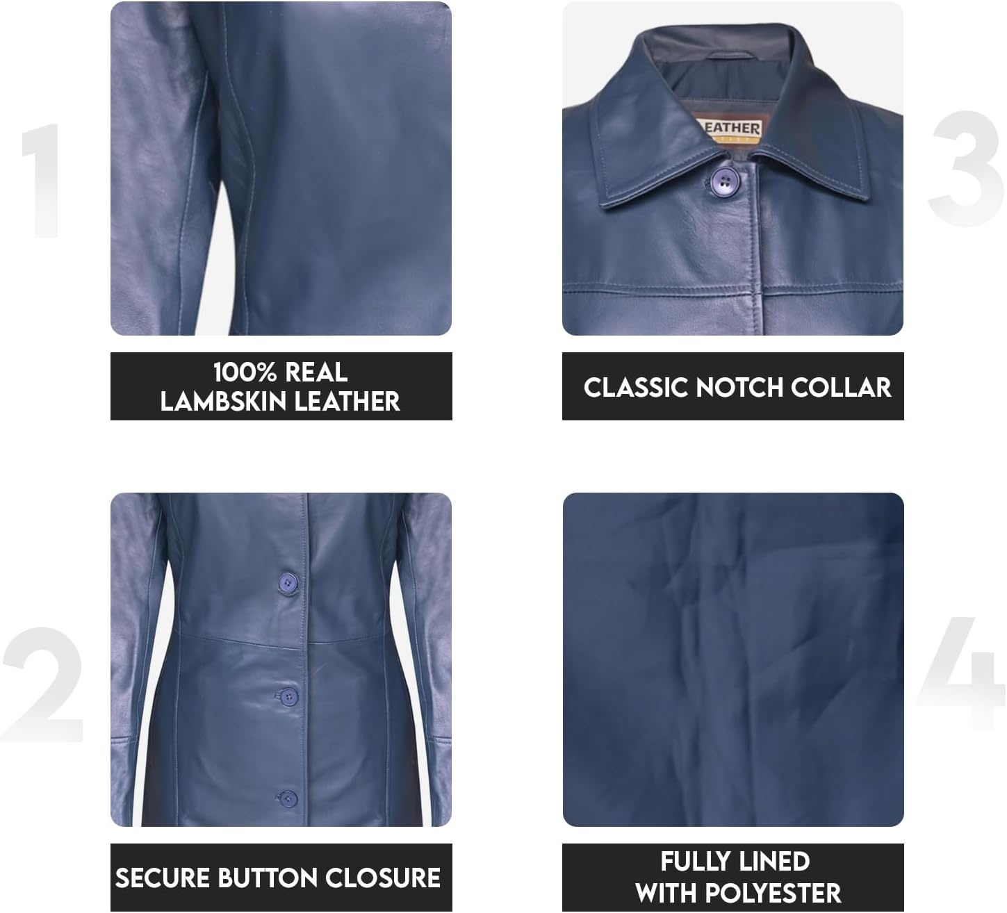 image:imageWomens Lambskin Leather Car Coat Classic 34 Length Style OvercoatBlue