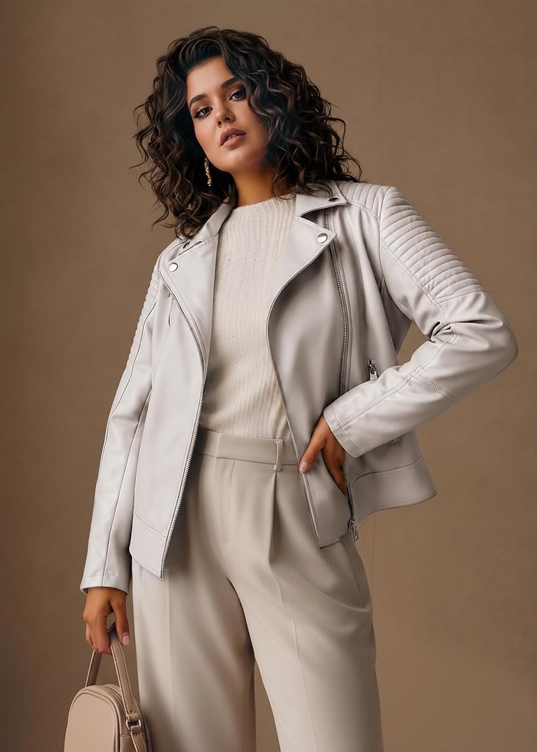 image:imageWomens Plus Size Faux Leather Zip Up Moto Jacket Fashion Coats 1X5X Geschallino Spring Fall OutfitsStand CollarLapelGoing Out Concert Party Clothesfor Commute Travel and Daily StreetwearBeige Pu Jacket