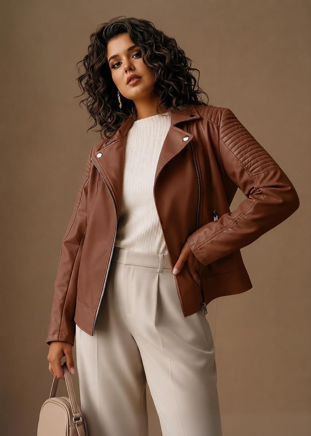 image:imageWomens Plus Size Faux Leather Zip Up Moto Jacket Fashion Coats 1X5X Geschallino Spring Fall OutfitsStand CollarLapelGoing Out Concert Party Clothesfor Commute Travel and Daily StreetwearBrown Pu Jacket