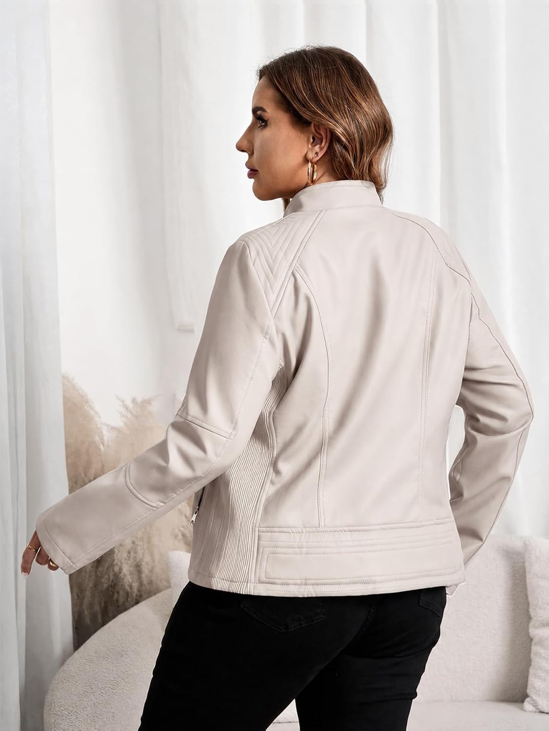 image:imageWomens Plus Size Faux Leather Zip Up Moto Jacket Fashion Coats 1X5X Geschallino Spring Fall OutfitsStand CollarLapelGoing Out Concert Party Clothesfor Commute Travel and Daily StreetwearBeige Pu Leather