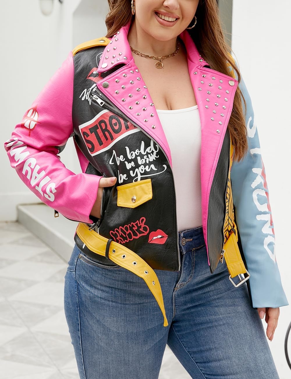 image:imageWomens Plus Size Faux Leather Zip Up Moto Jacket Fashion Coats 1X5X Geschallino Spring Fall OutfitsStand CollarLapelGoing Out Concert Party Clothesfor Commute Travel and Daily StreetwearPink