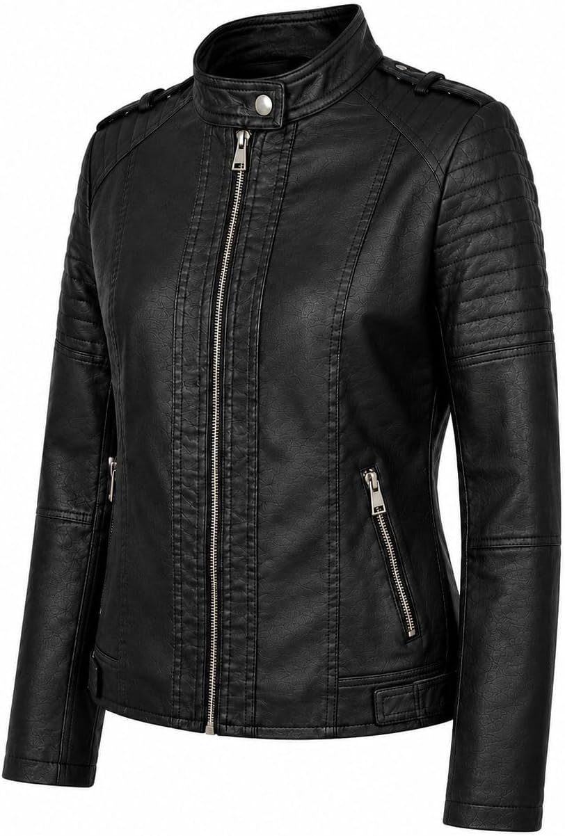 image:imageWomens Vegan Faux Leather Lighweight Biker JacketBlack