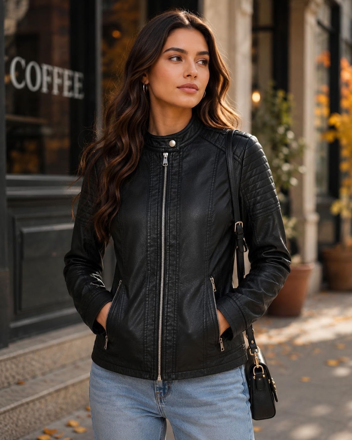 image:imageWomens Vegan Faux Leather Lighweight Biker JacketBlack