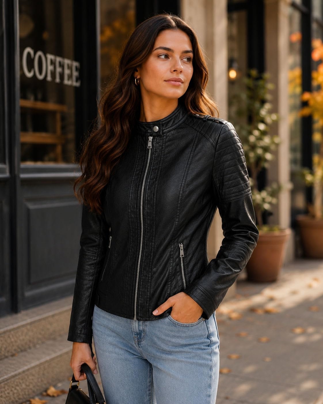 image:imageWomens Vegan Faux Leather Lighweight Biker JacketBlack
