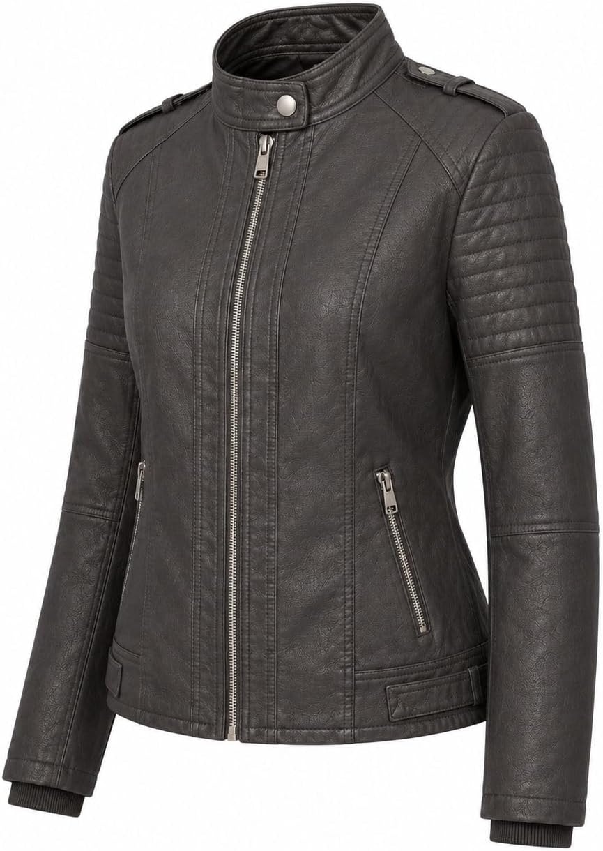 image:imageWomens Vegan Faux Leather Lighweight Biker JacketCharcoal