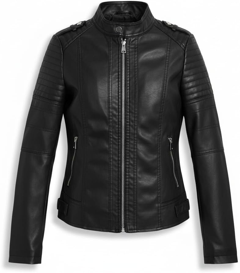 image:imageWomens Vegan Faux Leather Lighweight Biker JacketCharcoal