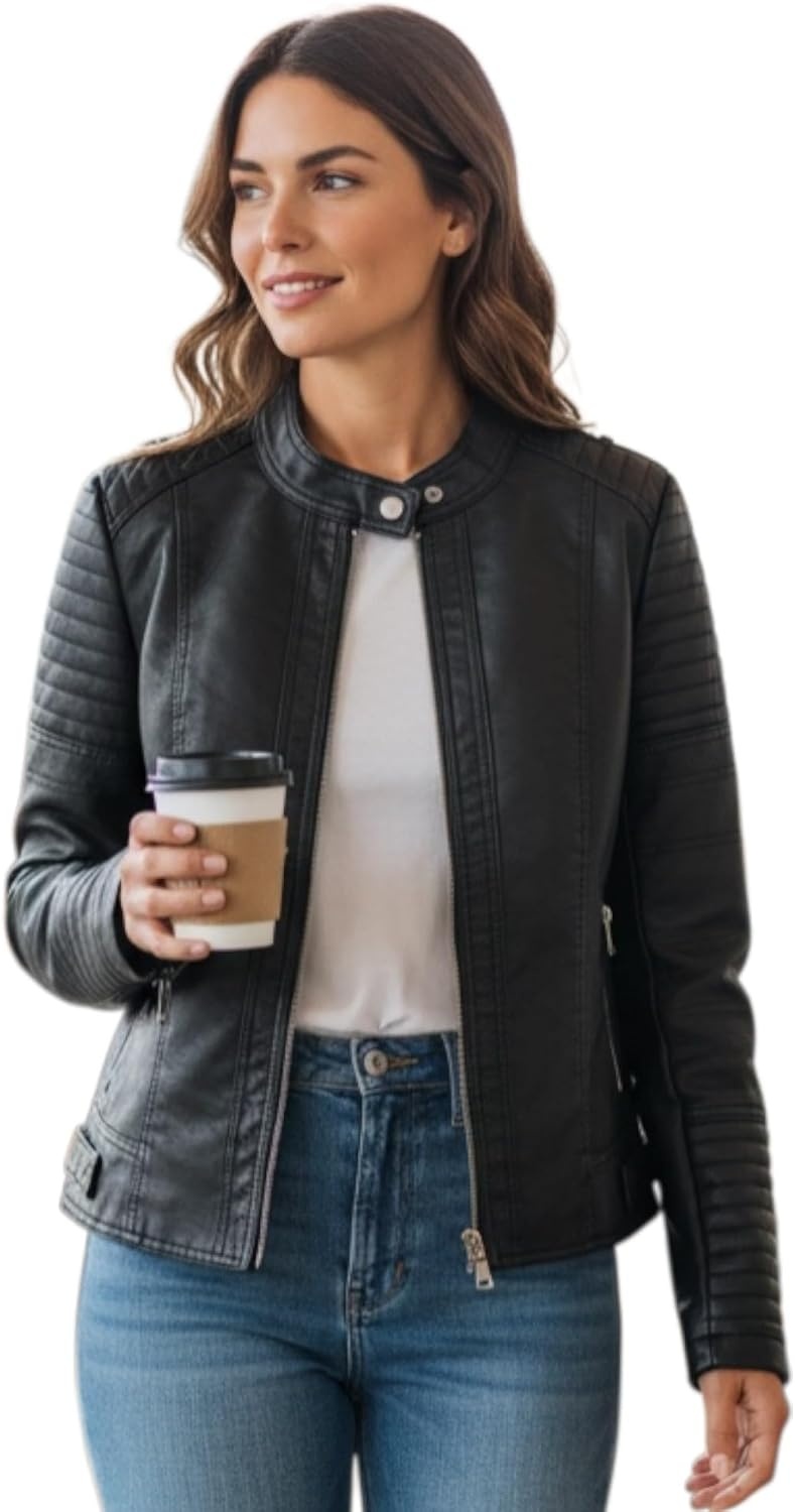 image:imageWomens Vegan Faux Leather Lighweight Biker JacketChocolate