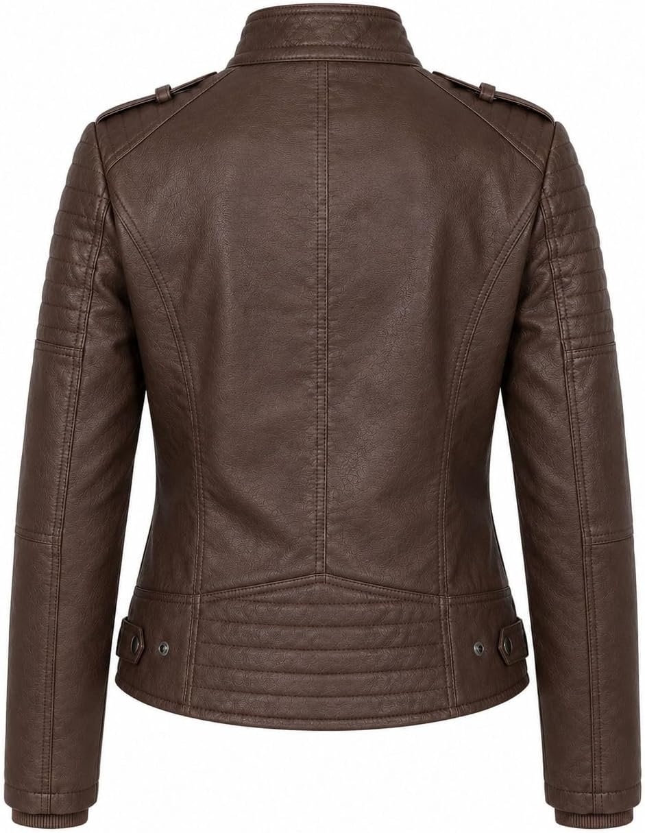 image:imageWomens Vegan Faux Leather Lighweight Biker JacketChocolate