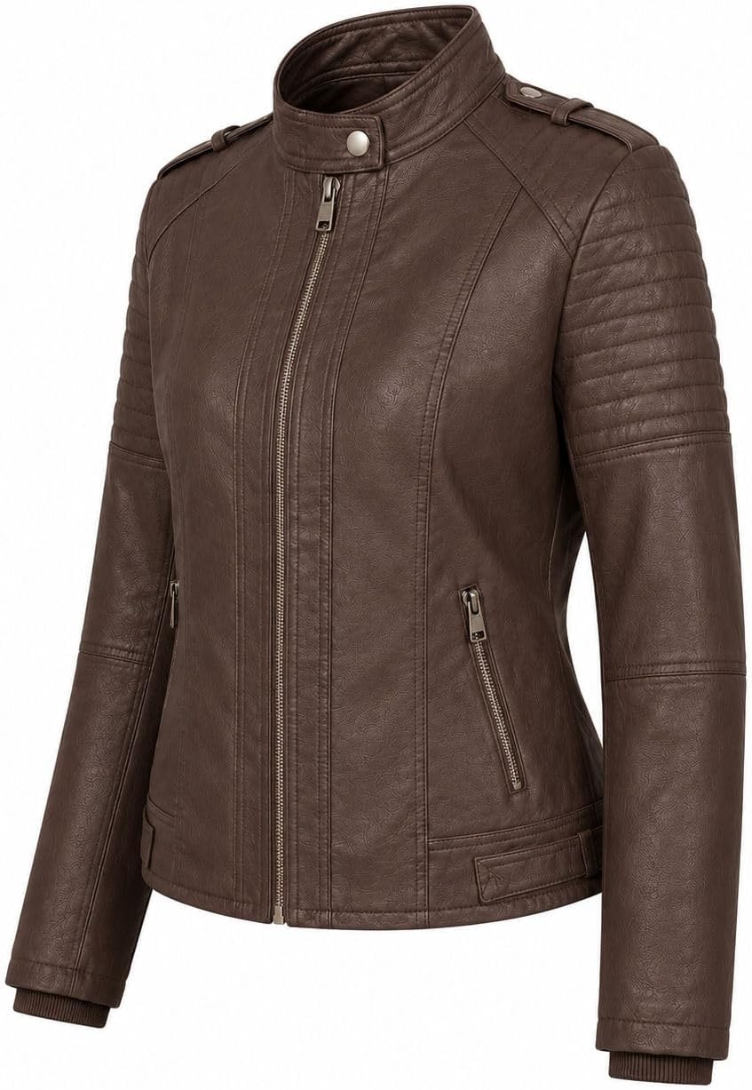 image:imageWomens Vegan Faux Leather Lighweight Biker JacketChocolate