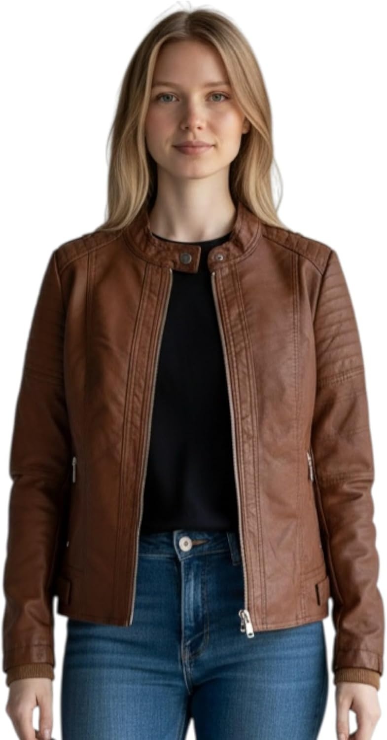 image:imageWomens Vegan Faux Leather Lighweight Biker JacketSand