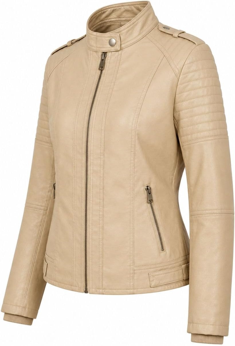 image:imageWomens Vegan Faux Leather Lighweight Biker JacketSand