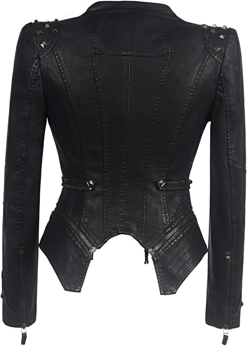 image:imageWomens classic Lapel punk rivet leather jacket personality fashion sexy dovetail Motorcycle casual coatPublack