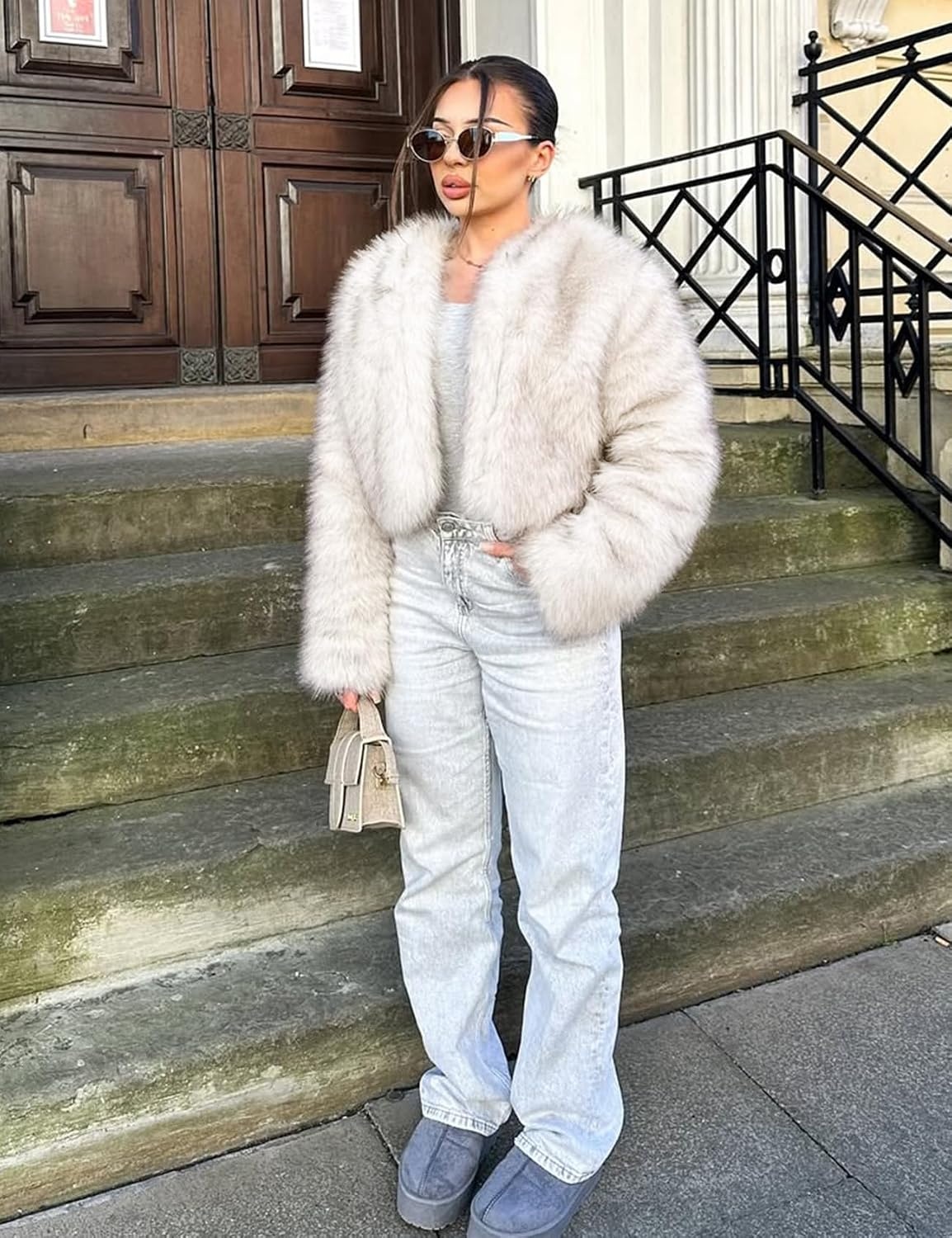 image:imageWyeysyt Women Faux Fur Coat Cropped Fur Fluffy Winter Warm Coat Shaggy Faux Fur Coat Open Front Fuzzy Jacket Short LengthBeige