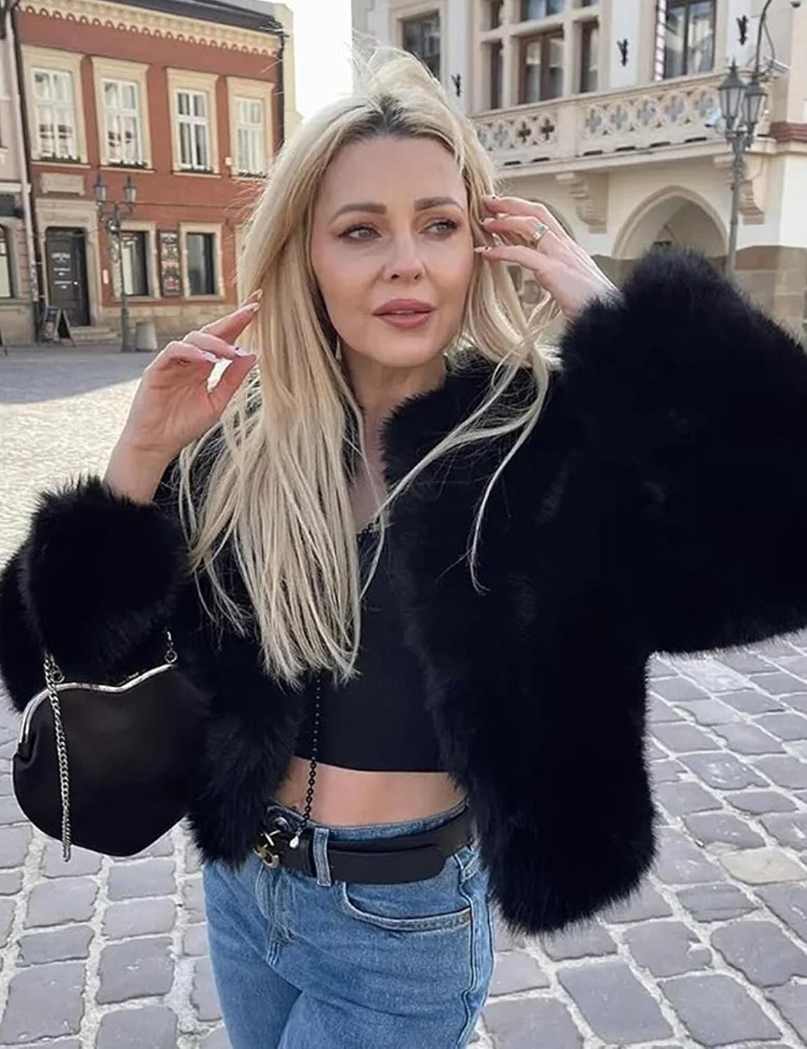 image:imageWyeysyt Women Faux Fur Coat Cropped Fur Fluffy Winter Warm Coat Shaggy Faux Fur Coat Open Front Fuzzy Jacket Short LengthBlack