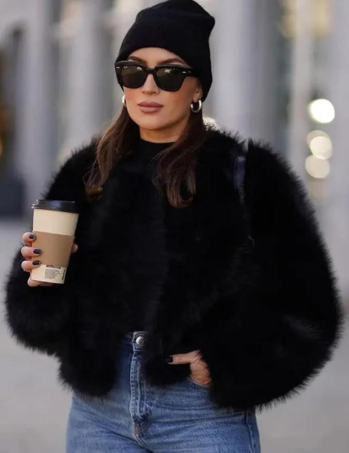 image:imageWyeysyt Women Faux Fur Coat Cropped Fur Fluffy Winter Warm Coat Shaggy Faux Fur Coat Open Front Fuzzy Jacket Short LengthBlack