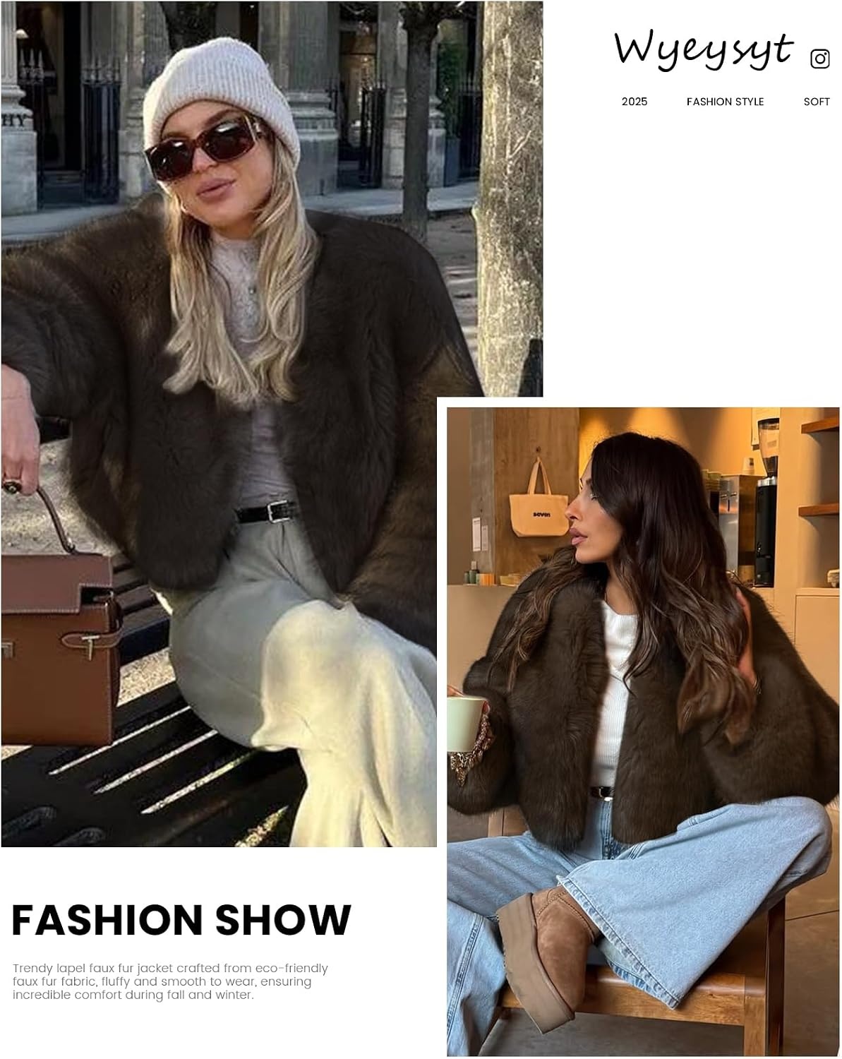 image:imageWyeysyt Women Faux Fur Coat Cropped Fur Fluffy Winter Warm Coat Shaggy Faux Fur Coat Open Front Fuzzy Jacket Short LengthBrown