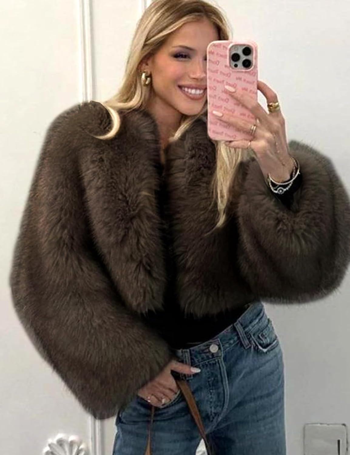image:imageWyeysyt Women Faux Fur Coat Cropped Fur Fluffy Winter Warm Coat Shaggy Faux Fur Coat Open Front Fuzzy Jacket Short LengthBrown